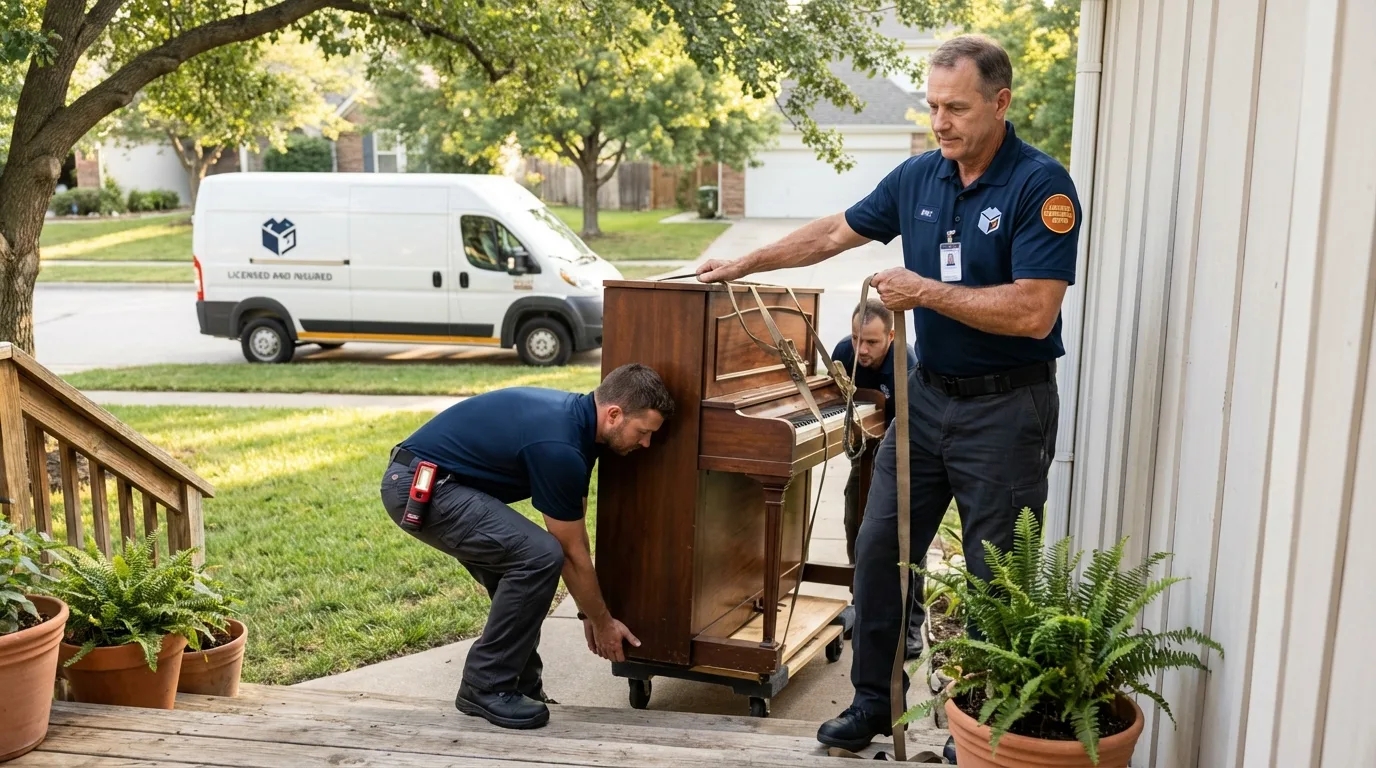 Licensed piano movers securing grand piano in Iowa Falls, IA