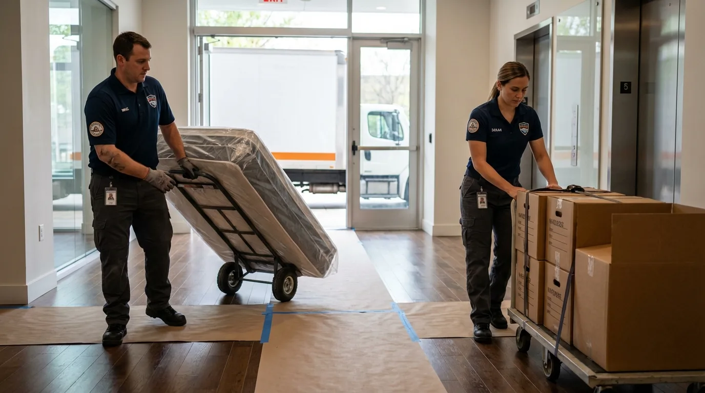 Professional apartment movers loading elevator in Iowa Falls, IA