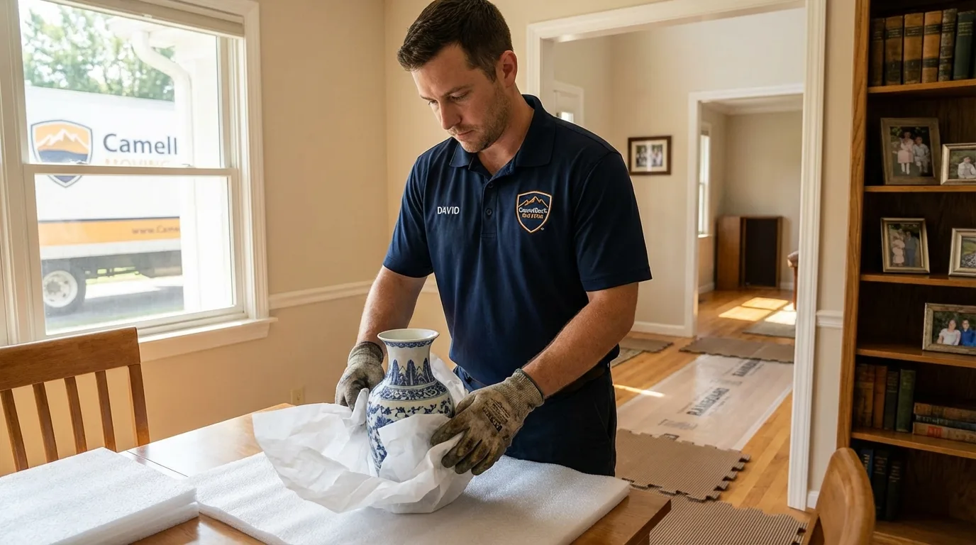 Professional crew carefully wrapping antique vase for senior downsizing move in Iowa Falls, IA